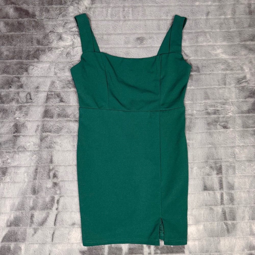 Lulus Emerald Green Square Neck Mini Dress Bodycon Front Slit Small